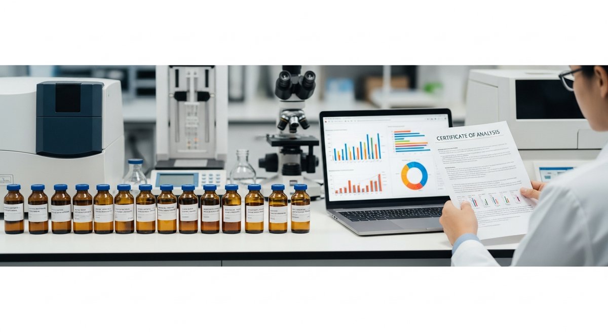 What is CBD? 15 Scientist in a lab reviewing a Certificate of Analysis document next to sample vials and testing equipment