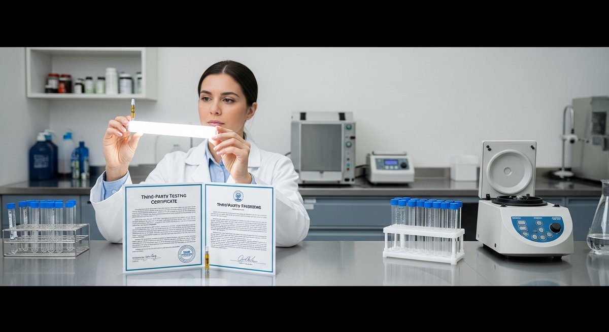 Does Vaping CBD Help With Anxiety? Here's What We Know 14 Lab technician in white coat inspecting a CBD vape cartridge in a professional third-party testing laboratory