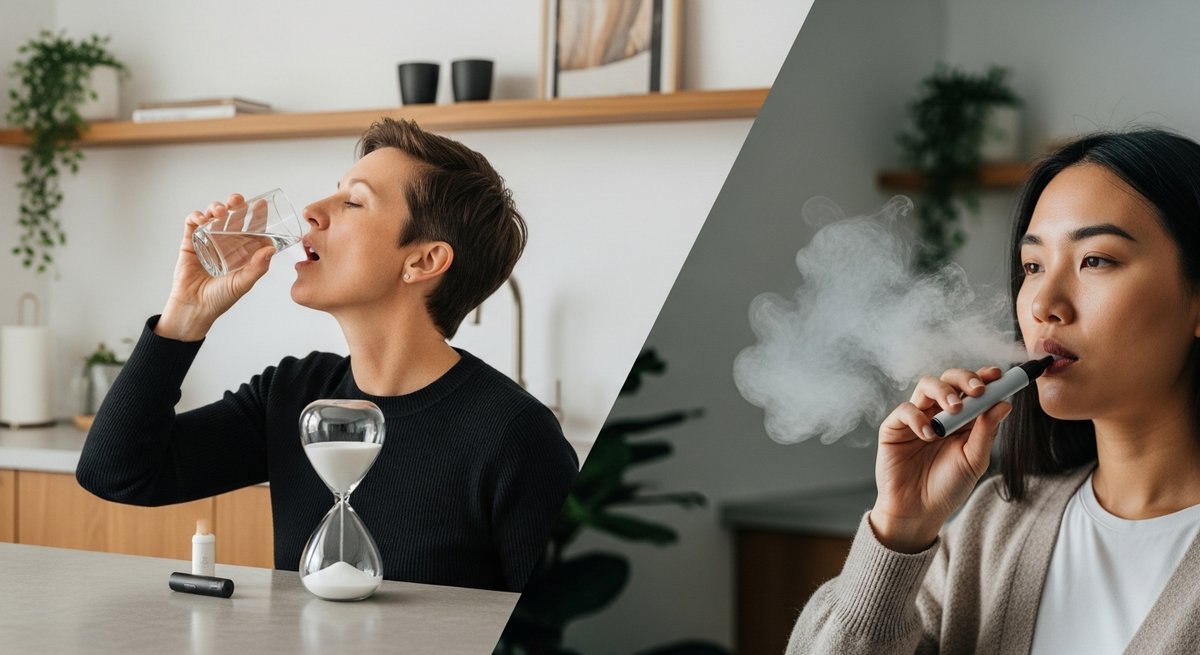Does Vaping CBD Help With Anxiety? Here's What We Know 12 Side-by-side comparison of adult taking CBD capsule versus holding a vape pen illustrating onset time difference