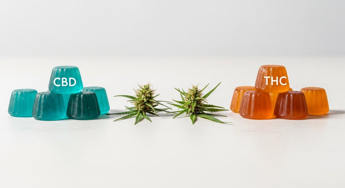 Best Gummies for Anxiety: CBD and THC Options Explained 13 Two groups of differently colored gummies side by side on a stone surface, illustrating CBD versus THC distinction
