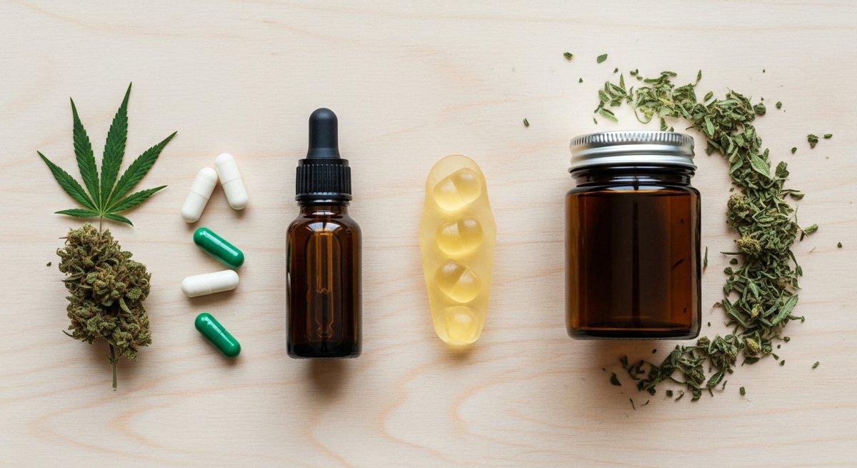 What is CBG? 16 Flat-lay of hemp wellness products including tincture, capsules, and gummies representing the range of available CBG product