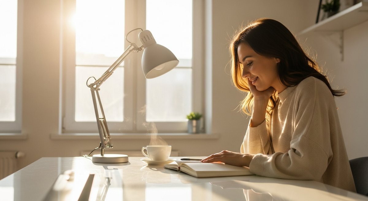What is CBG? 15 Relaxed adult woman at a sunlit desk appearing focused and calm, representing reported CBG effects of mental clarity