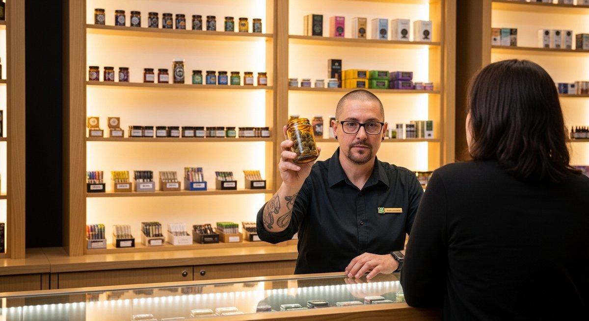 What is a Sativa strain? 18 Dispensary budtender showing a cannabis flower jar to an adult customer to help choose the right sativa strain