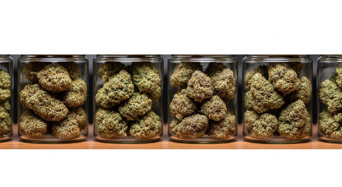 What is a Sativa strain? 14 Glass jars of classic sativa cannabis flower varieties displayed side by side on a dispensary wooden counter