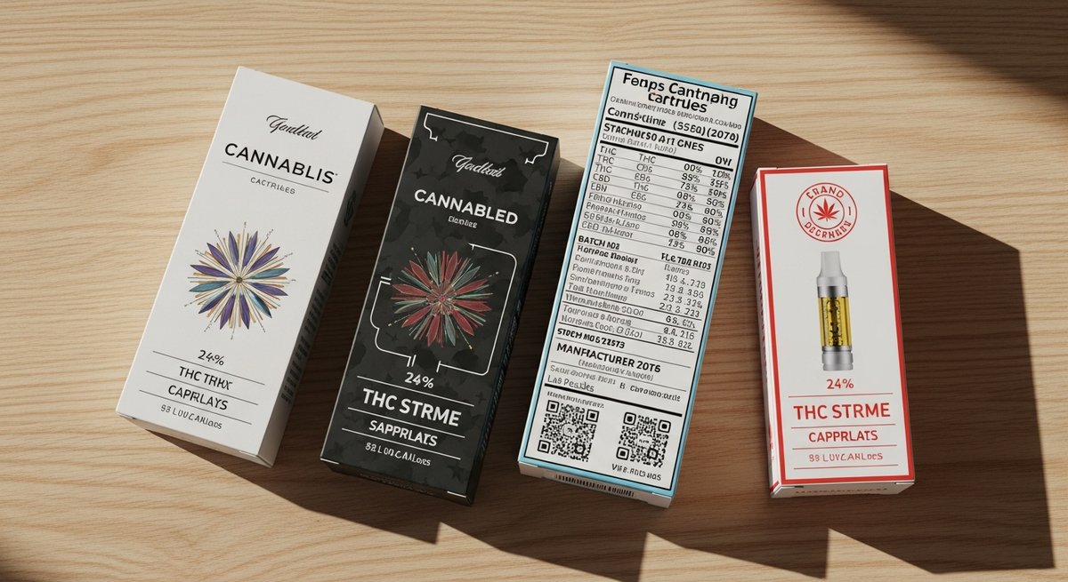 How to Read a Cart Label if You Have Anxiety 11 Several cannabis cartridge packages side by side showing varying label formats and information density on a wood table