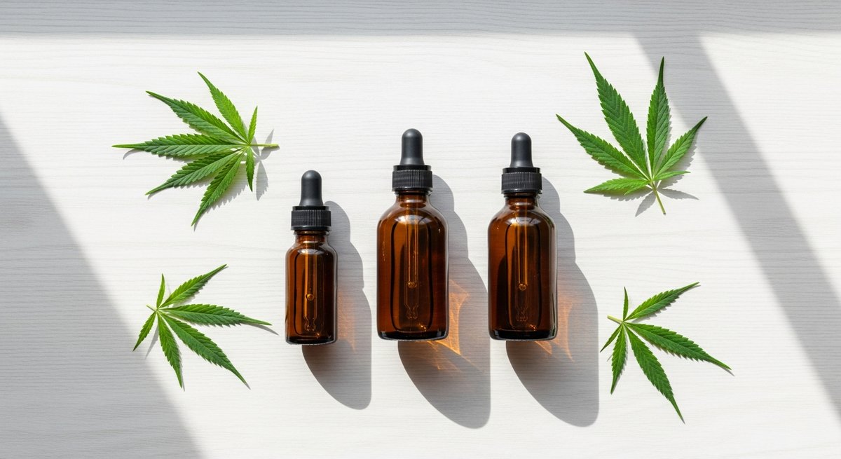 What is Delta 8 THC? 13 Three amber glass dropper bottles of cannabinoid tinctures side by side on a wood surface with hemp leaves
