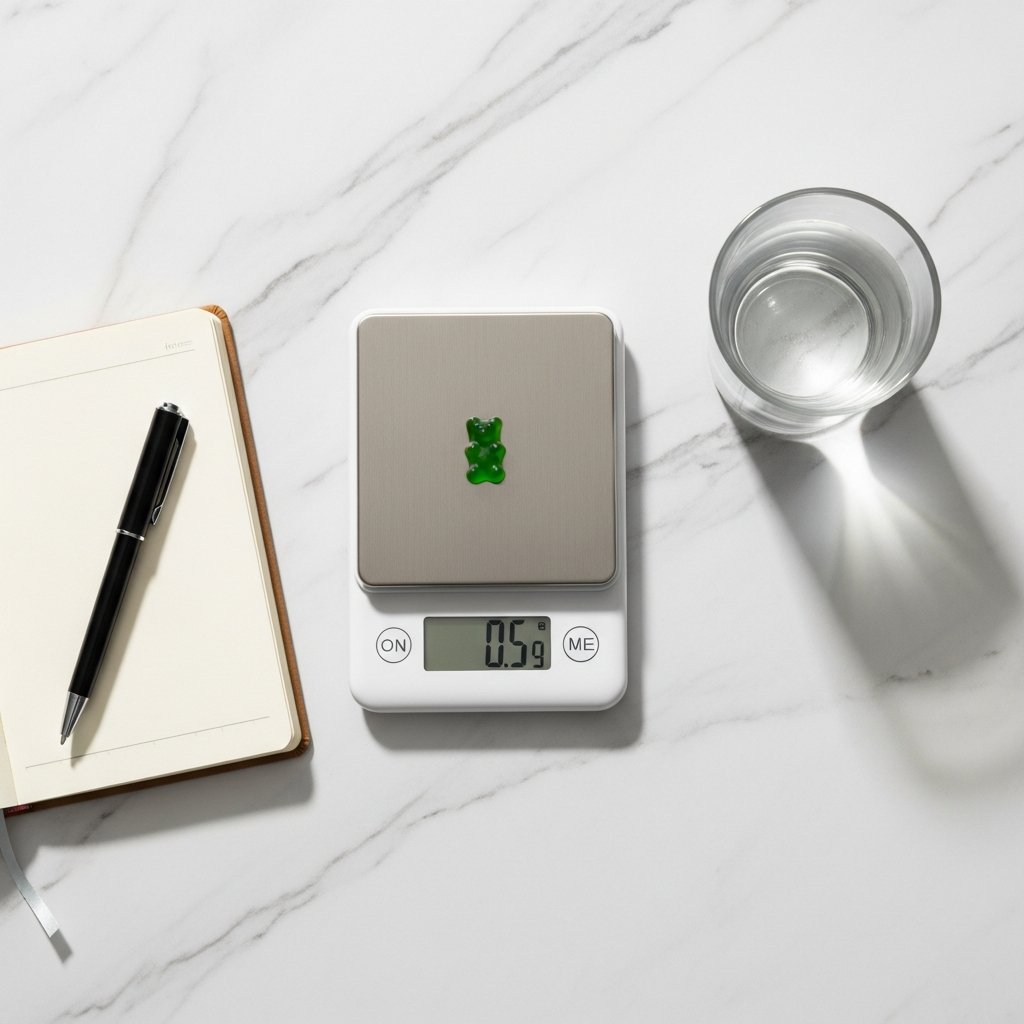 How Many mg of Delta 8 THC Gummies Should You Take for Sleep? 11 A single gummy next to a digital scale and notebook on a marble surface, representing careful delta-8 dosing for sleep.