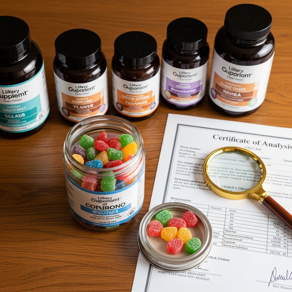 How Many mg of Delta 8 THC Gummies Should You Take for Sleep? 12 Supplement gummy containers displayed beside a third-party lab test certificate, emphasizing product quality and transparency