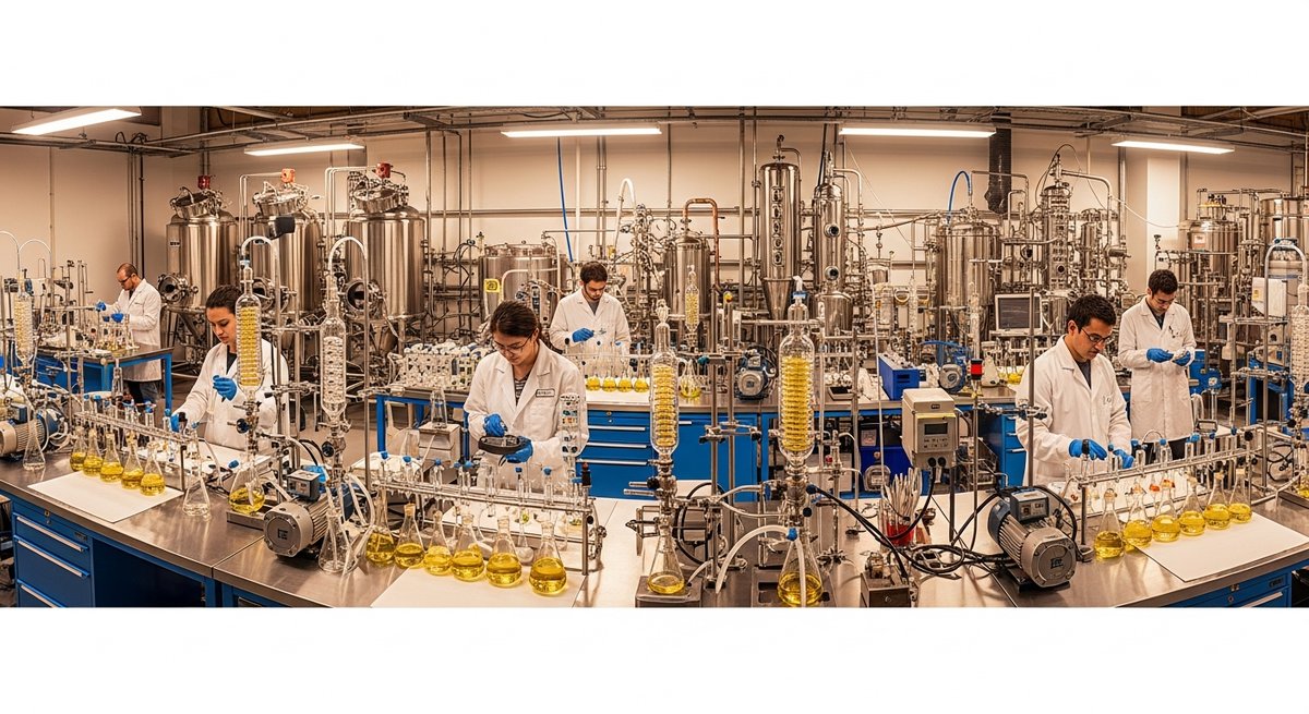 What is Delta 8 THC? 12 Hemp extraction laboratory with technicians processing cannabinoids using stainless steel scientific equipment