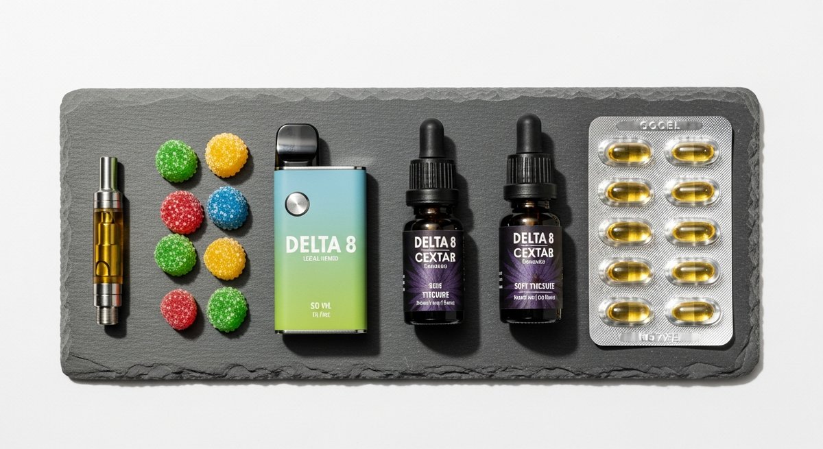 What is Delta 8 THC? 14 Overhead flat-lay of Delta 8 THC product formats including vape cartridge, gummies, tincture and soft gels on slate