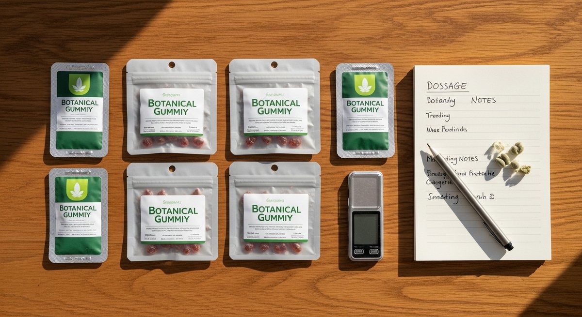What is Delta 9 THC? 13 Overhead flat lay of cannabis gummies, dosage scale, and notebook illustrating careful low-dose measurement