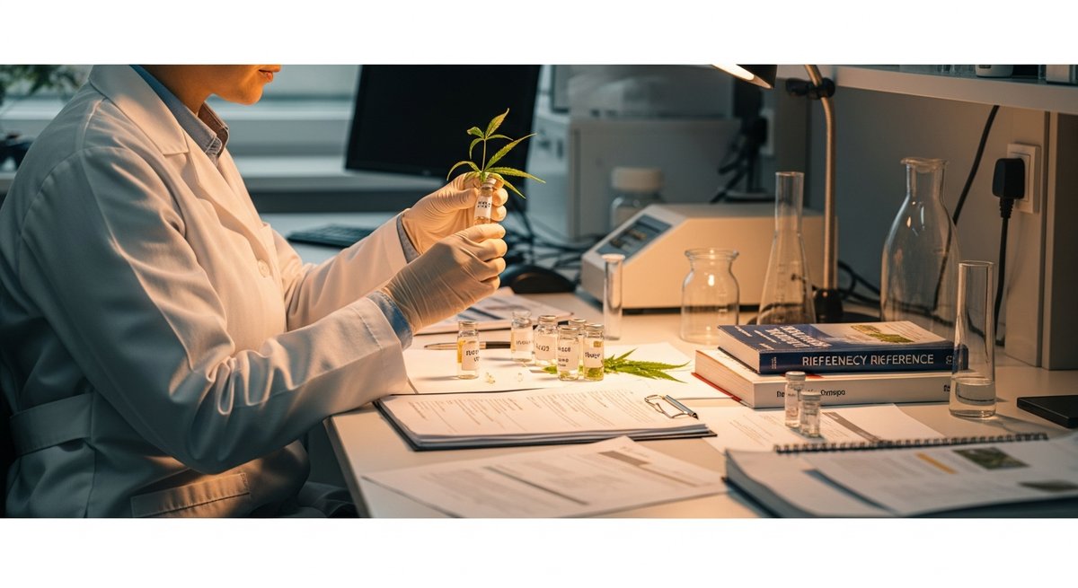 What is Delta 9 THC? 15 Scientist in lab coat examining cannabis samples in vials on a research laboratory bench