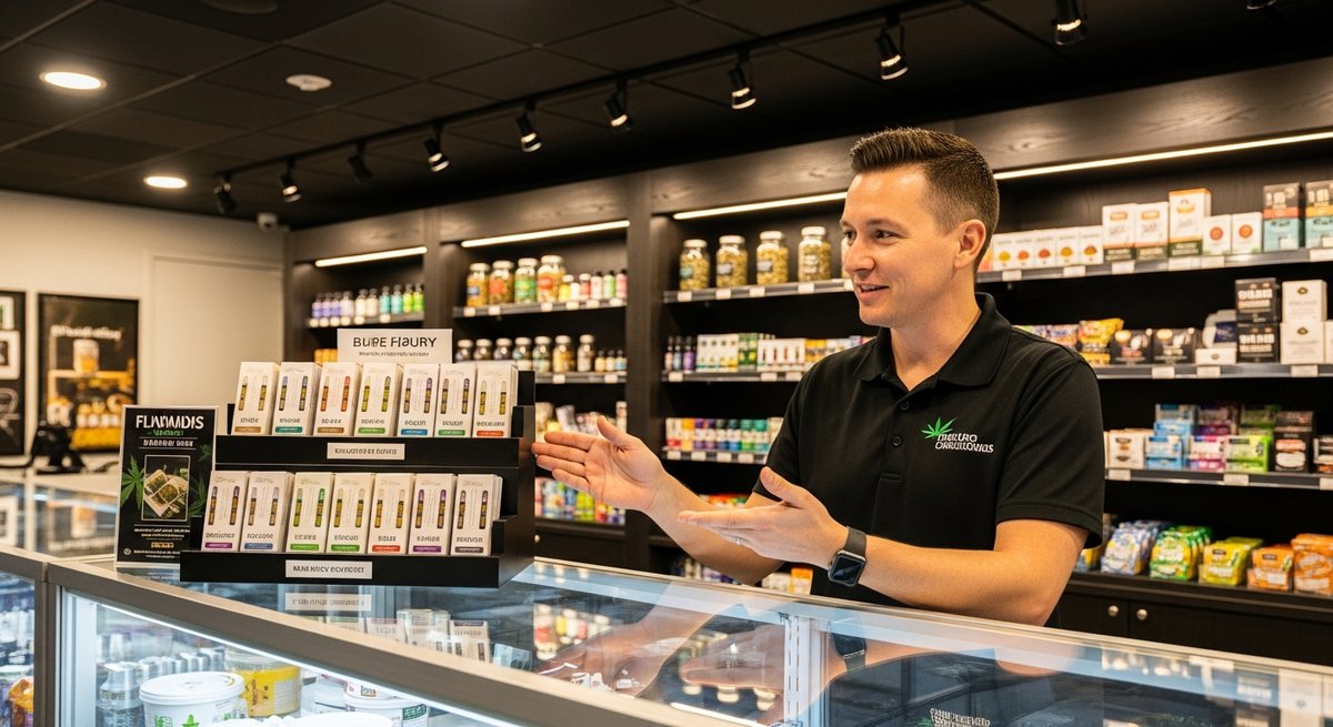 Sativa vs Indica Carts for Anxiety: What's Better? 15 Budtender in a modern cannabis dispensary pointing to vape cartridge products on a lit display counter