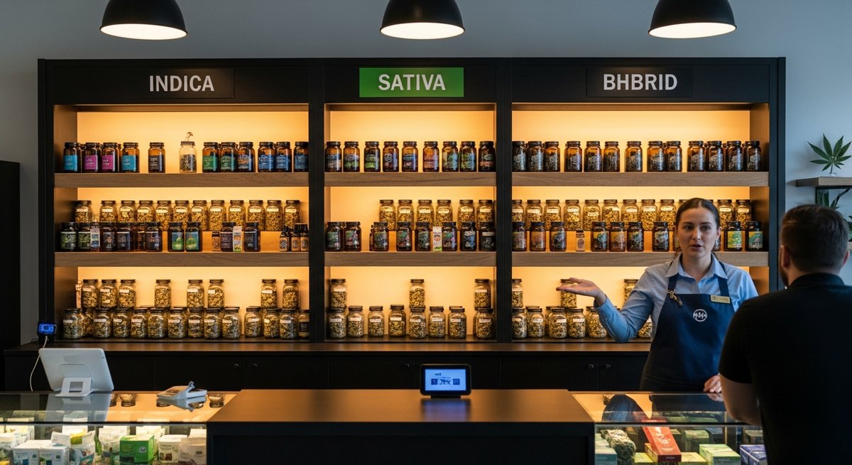 What is a Cannabis Strain? 11 Dispensary budtender showing organized cannabis flower categories to an adult customer at the display counter