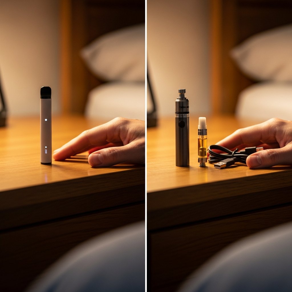 Disposable vs Reusable Carts for Sleep: Pros and Cons 10 Side-by-side bedroom scene with a disposable vape pen on one side and a reusable cart setup on the other.