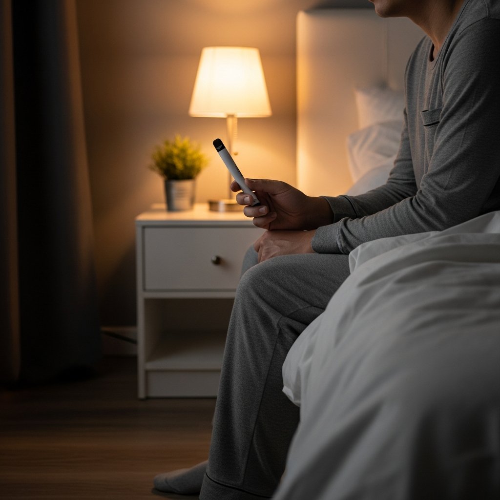 Disposable vs Reusable Carts for Sleep: Pros and Cons 6 Adult in pajamas sitting on bed edge holding a disposable vape pen in a softly lit, relaxing bedroom at night.