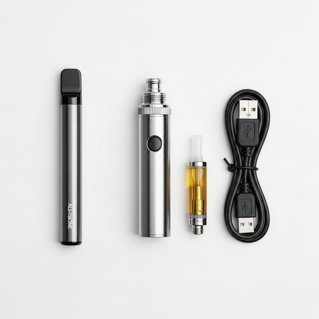 Disposable vs Reusable Carts for Sleep: Pros and Cons 5 Flat-lay comparison of a disposable vape pen next to a disassembled reusable 510-thread battery and cartridge.