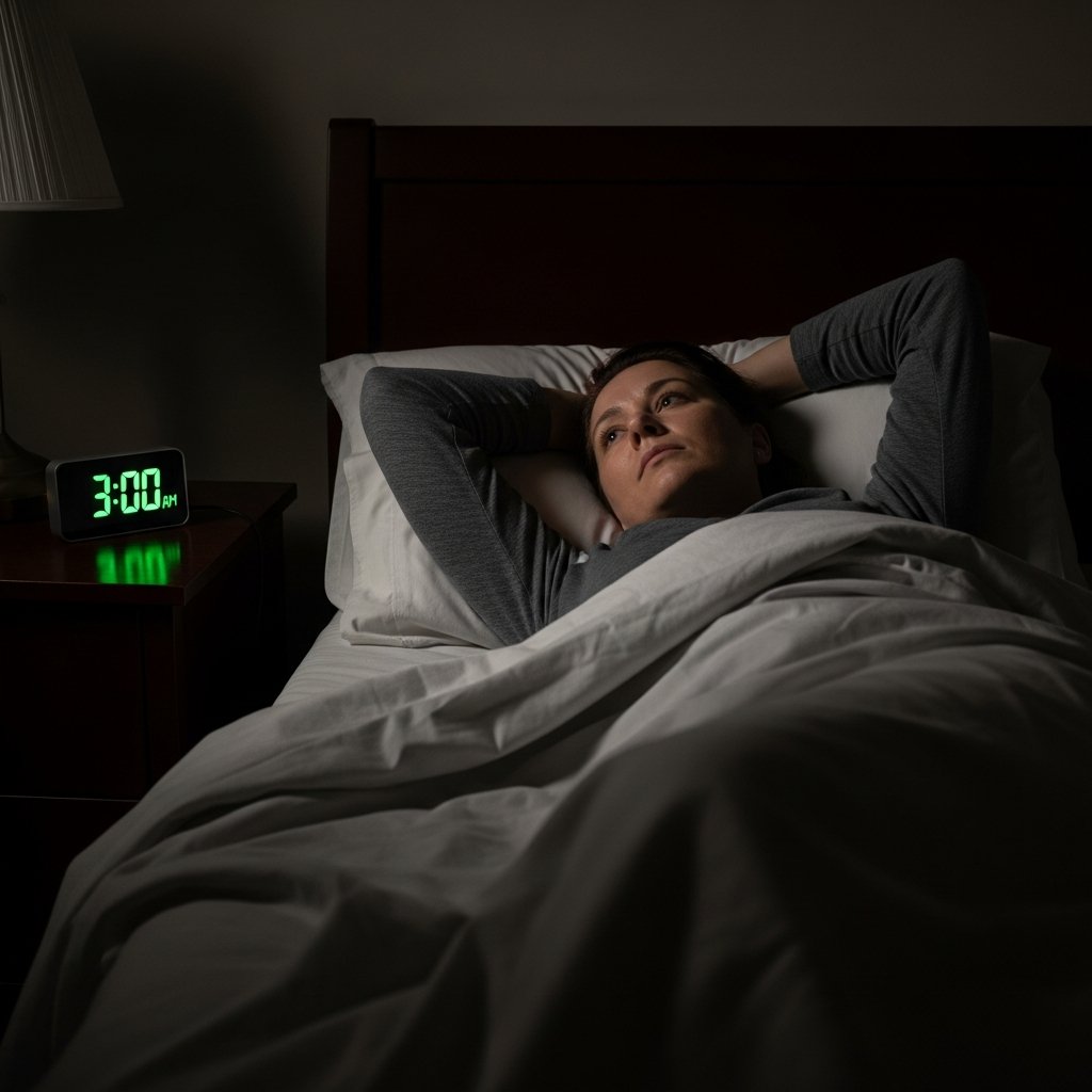 Myrcene Terpenes and Sleep: Why It Matters in Your Vape 15 Adult awake at 3 AM in a dark bedroom with rumpled sheets, illustrating disrupted sleep quality over time