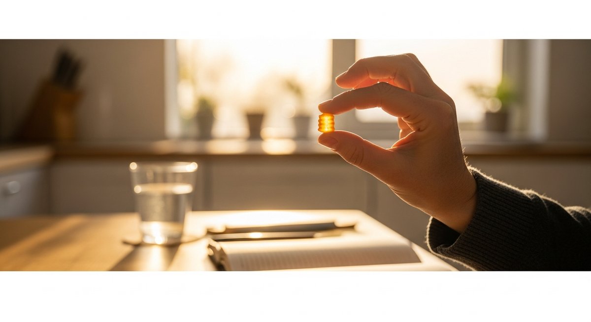 Best Gummies for Inflammation and Joint Pain 18 Adult hand holding a single cannabis gummy in a warm morning kitchen setting with water and journal