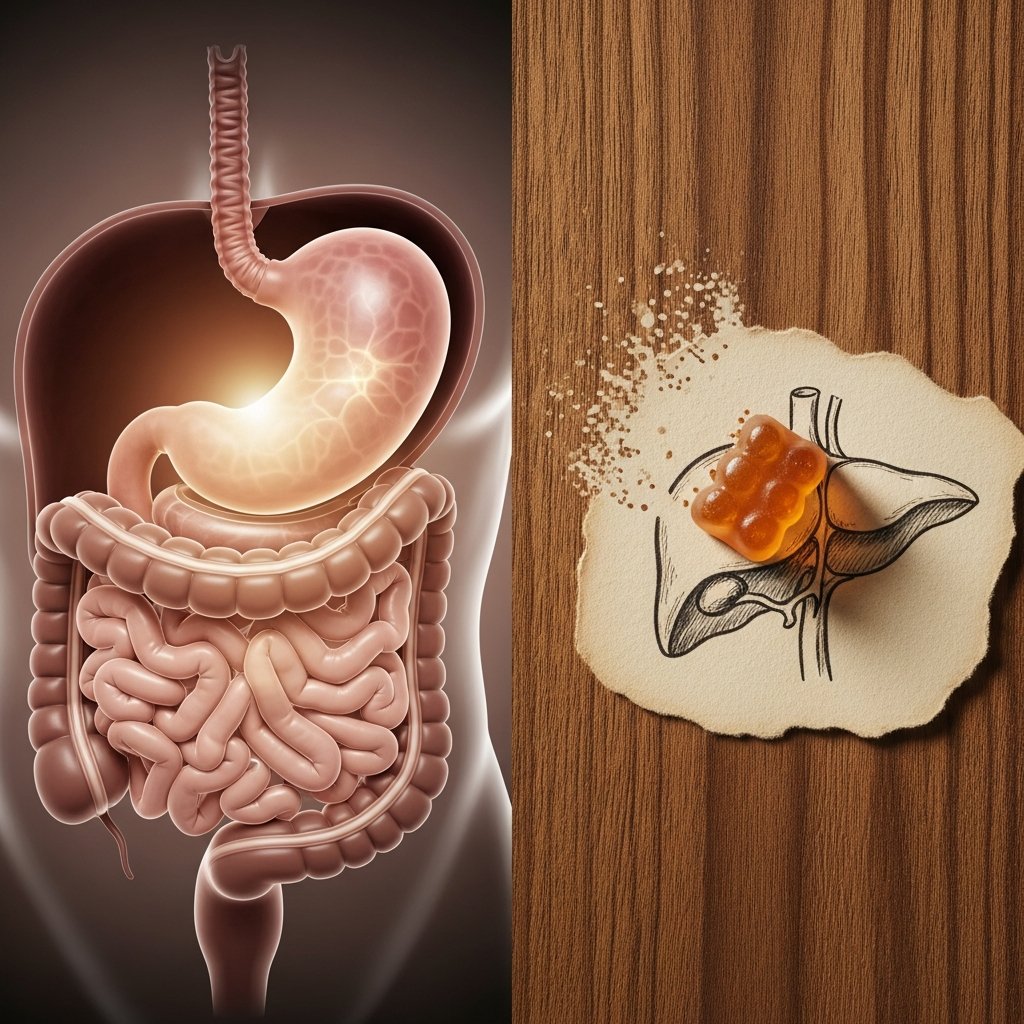 How Many mg of THC Gummies Should You Take for Sleep? 9 Cannabis gummy on a wooden surface beside an anatomical digestive illustration representing edible THC metabolism.