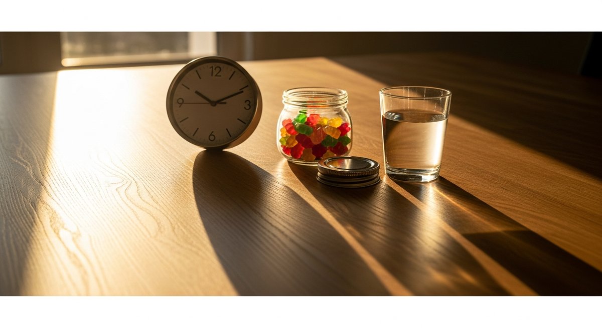Best Gummies for Focus: CBD and Low-Dose THC Options 18 Analog clock beside a gummy jar and glass of water on a sunlit desk illustrating edible timing and dosing patience