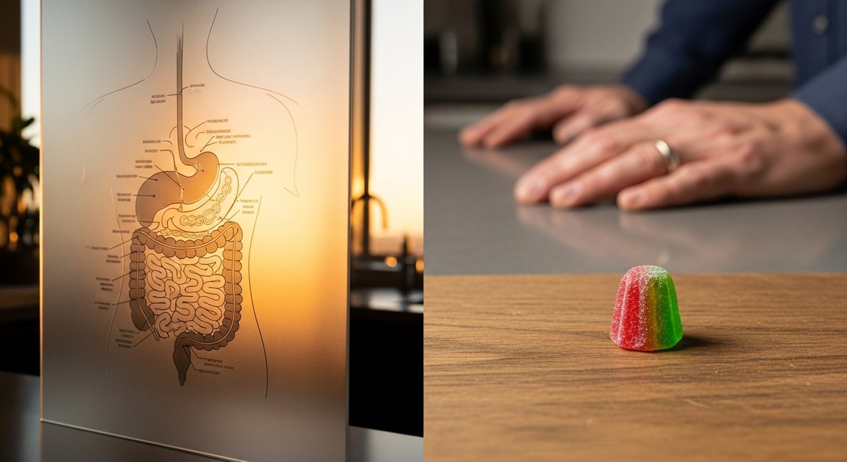 THC Gummies for Chronic Pain: A Guide for Beginners 13 Cannabis gummy on a kitchen counter suggesting the digestive process and slower onset compared to other formats