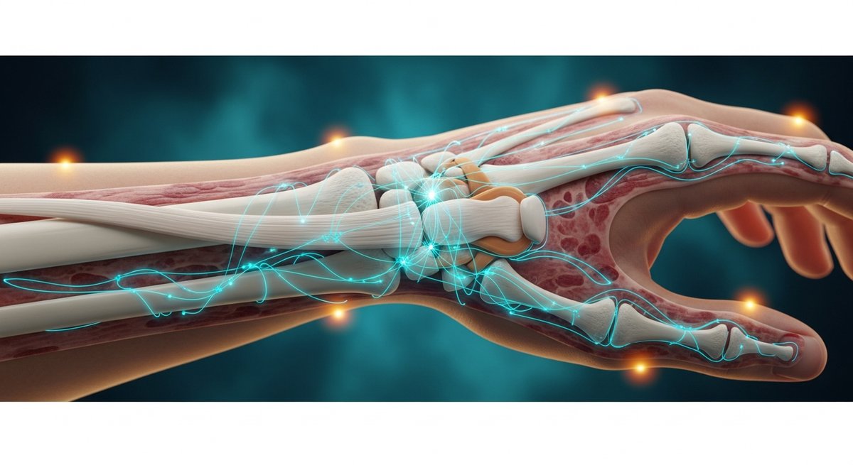 Best Gummies for Inflammation and Joint Pain 13 Detailed visual of joint tissue with glowing receptor network representing the endocannabinoid system