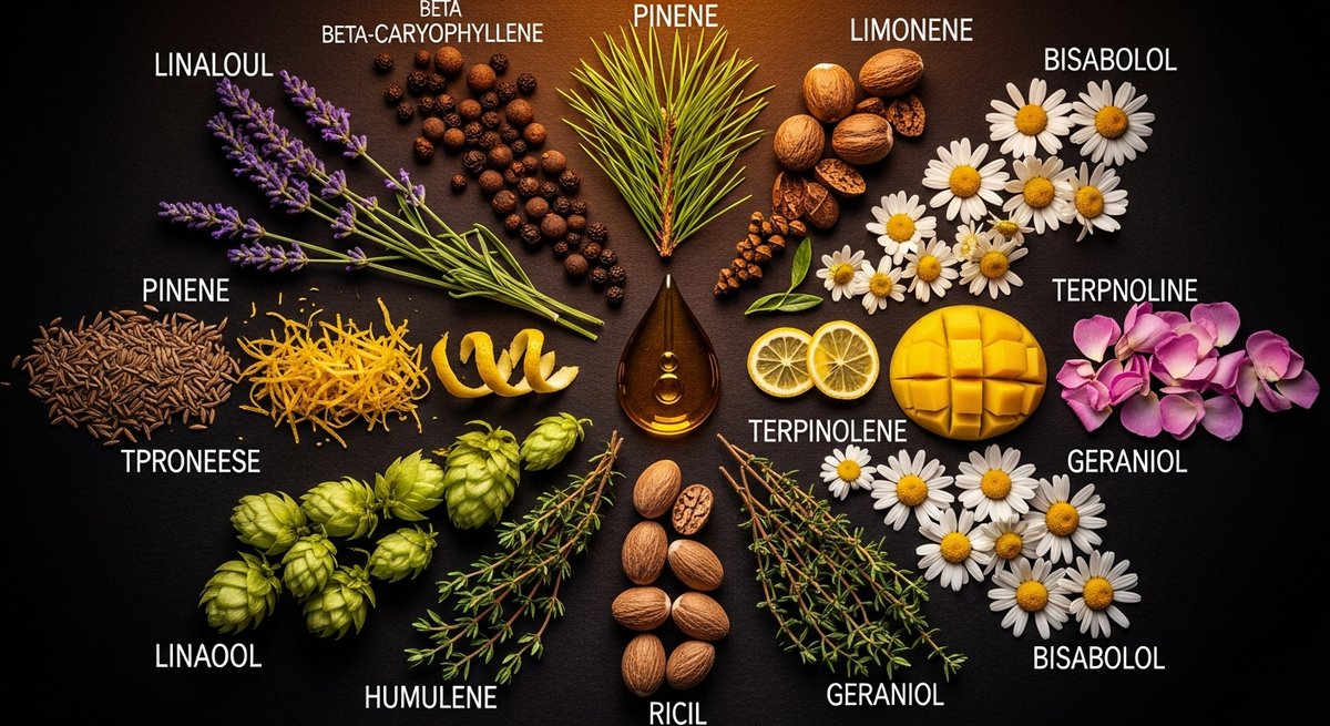 Full-Spectrum vs Broad-Spectrum Vapes for Pain 14 Botanical arrangement of terpene plants surrounding cannabis oil drop representing the entourage effect synergy