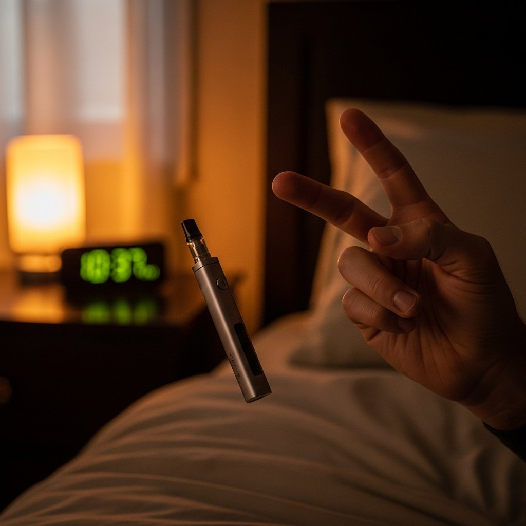 Best Vapes for Sleep: Strains and Products That Help 18 Adult hand holding a vape pen carefully in a dimly lit bedroom, illustrating a low and slow first-use approach