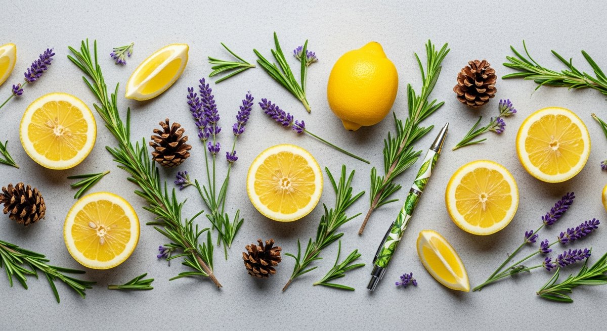 Best Terpenes for Focus in a Vape Pen 15 Flat-lay of lemon, rosemary, pine cones, and lavender beside a vape pen on stone surface, representing focus-enhancing terpen