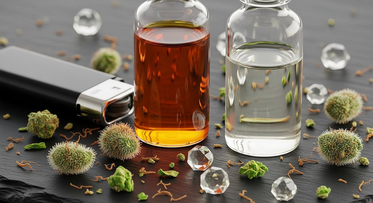Full-Spectrum vs Broad-Spectrum Vapes for Pain 13 Glass vials of amber full-spectrum and clear broad-spectrum cannabis oil with trichomes and plant matter on slate