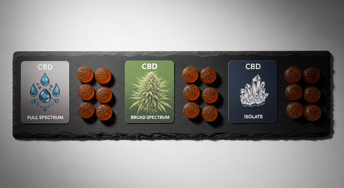 Best CBD Gummies for Pain Relief: Top Picks 11 Three groups of CBD gummies on slate representing full-spectrum, broad-spectrum, and isolate extract types.