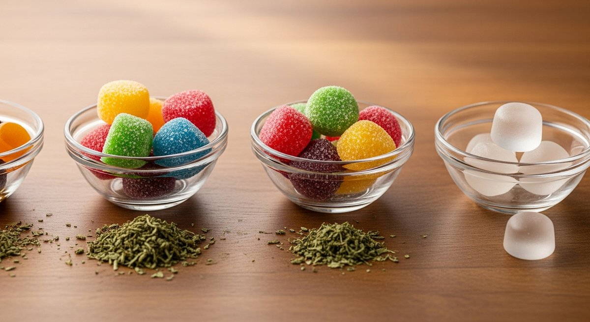 Best Gummies for Anxiety: CBD and THC Options Explained 15 Three glass bowls of gummies on wood surface representing full-spectrum, broad-spectrum, and isolate CBD product types