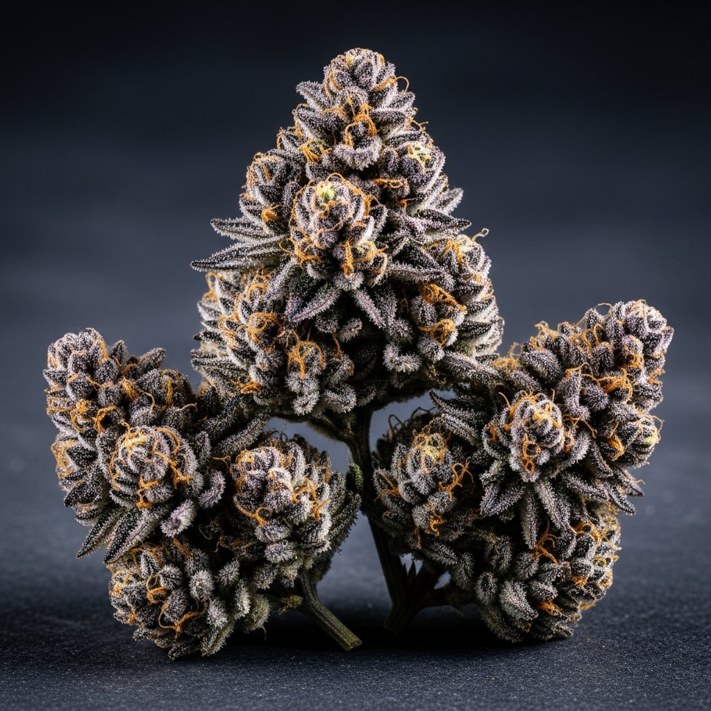 Best Carts for Sleep: Top Picks for a Better Night 11 Dense purple cannabis flower buds with visible trichomes on a dark surface, representing indica sleep strains like Granddaddy