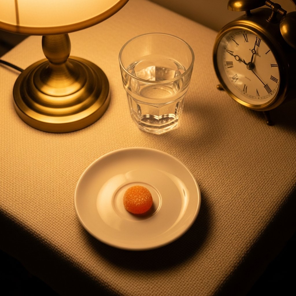 CBN vs CBD Gummies for Sleep: What's the Difference? 11 A single sleep gummy beside a glass of water and a clock at 9 PM on a nightstand, illustrating gummy onset timing for sleep.