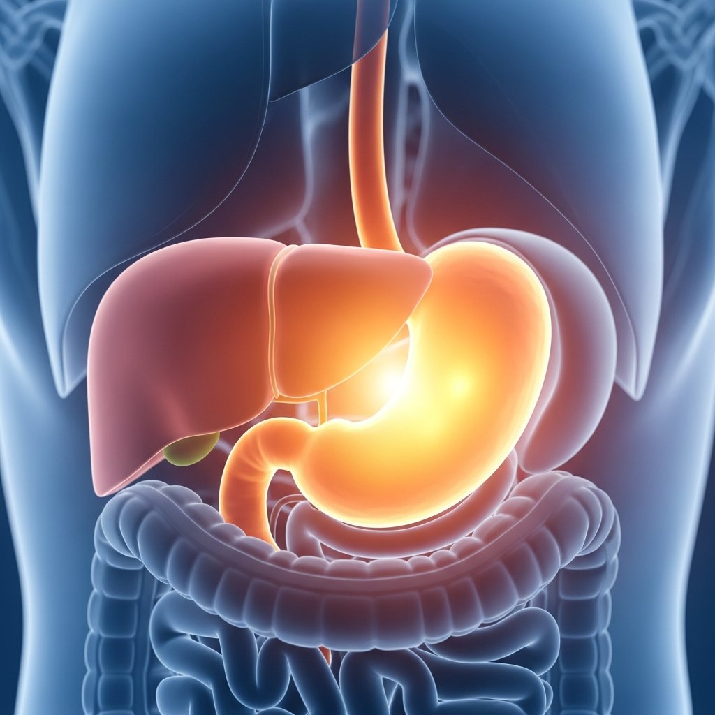 How Many mg of Delta 8 THC Gummies Should You Take for Sleep? 10 Photorealistic 3D illustration of the human digestive system highlighting stomach and liver, showing how edibles are metaboli