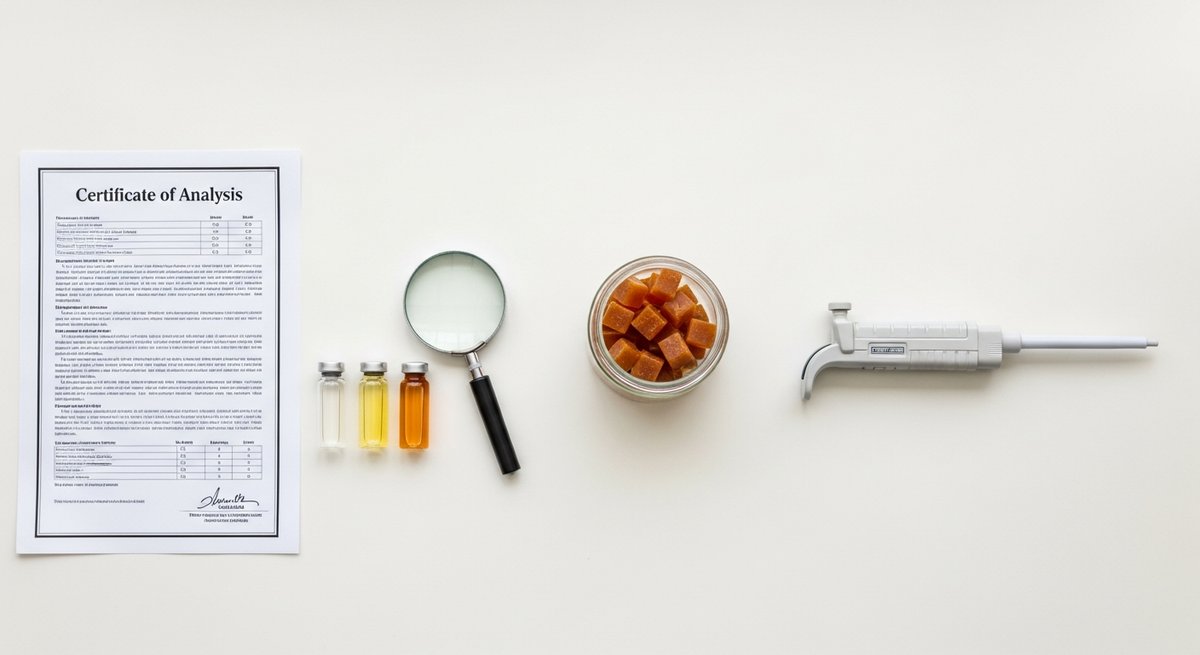 Best Gummies for Inflammation and Joint Pain 14 Cannabis gummies beside lab testing equipment and certificate of analysis on a laboratory bench