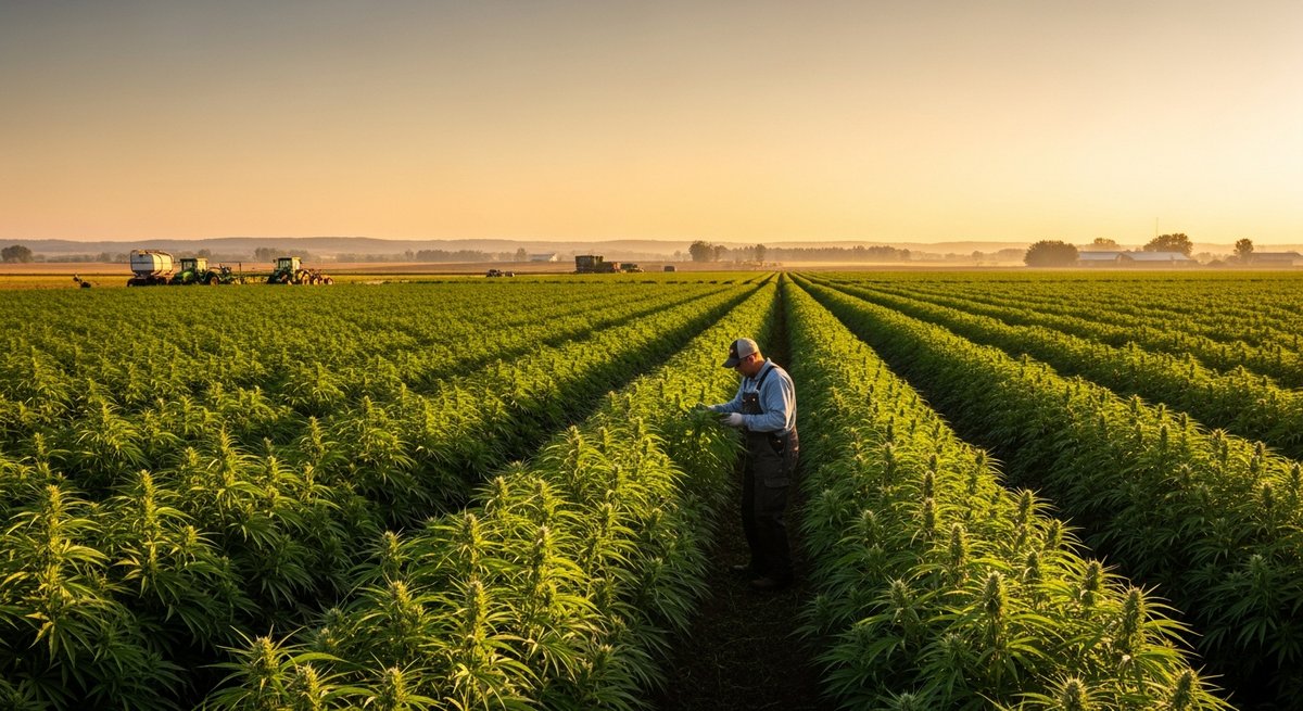 What is CBD? 11 Licensed hemp farm at golden hour with rows of green crops and a farmer inspecting plants