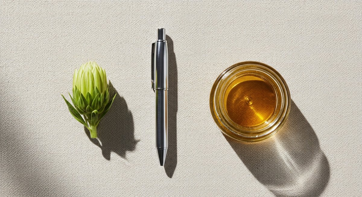 What is a Hybrid Strain? 13 Cannabis flower bud, vape pen cartridge, and golden concentrate jar displayed side by side on linen in natural light