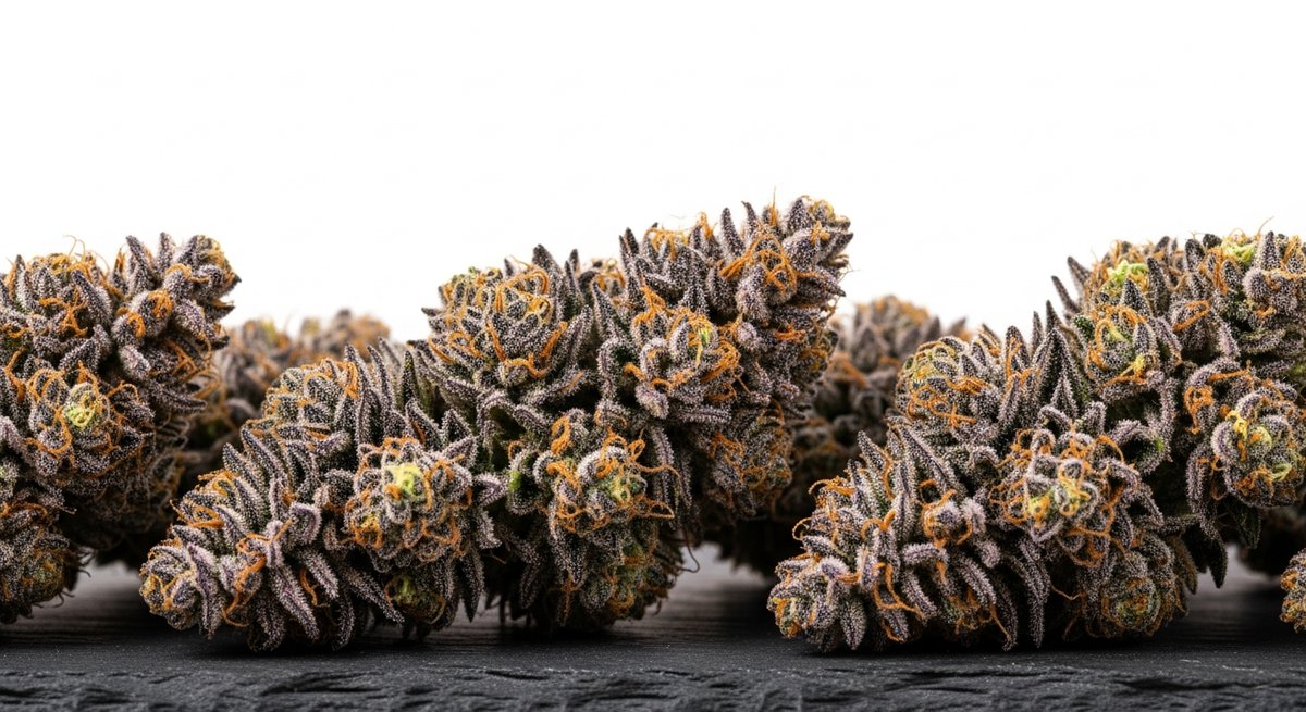 What is an Indica strain? 14 Deep purple and green indica cannabis buds with orange pistils and heavy trichomes arranged on a dark slate surface.