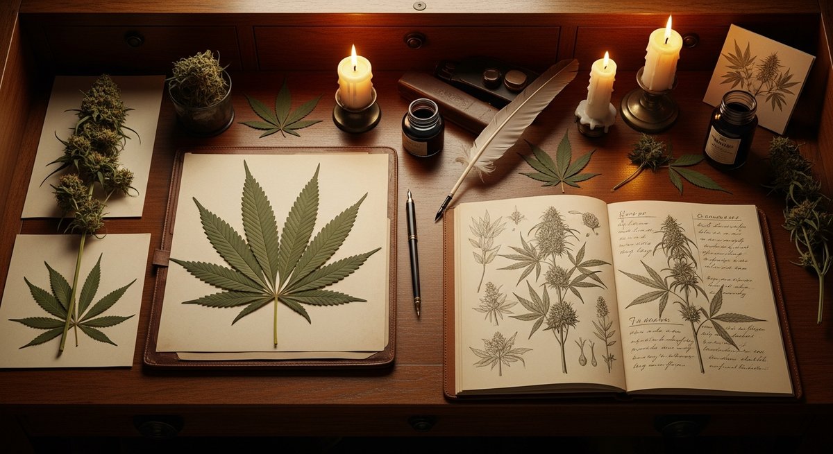 What is an Indica strain? 11 Antique botanical field desk with wide-leaf cannabis specimens, quill pen, and hand-drawn journal evoking 18th-century plant
