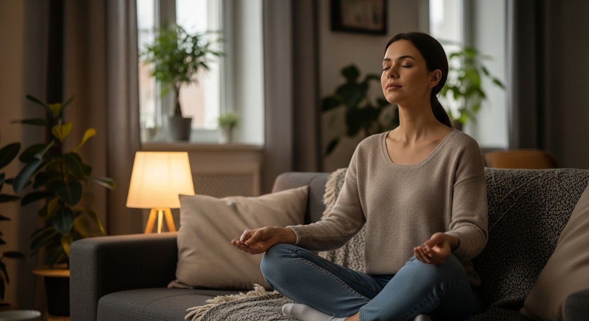 Sativa vs Indica Carts for Anxiety: What's Better? 13 Young adult woman sitting relaxed on a cozy sofa with eyes closed in a warmly lit living room