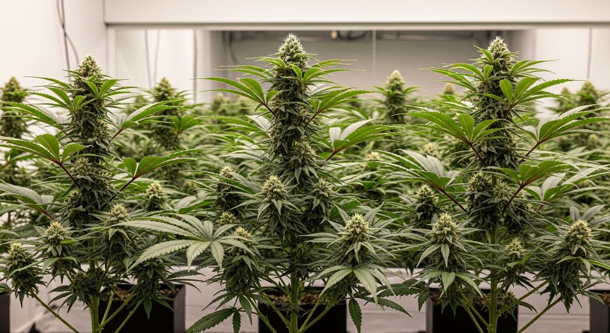 What is an Indica strain? 12 Short bushy indica cannabis plants with broad leaves and dense buds growing in a well-lit indoor cultivation room.