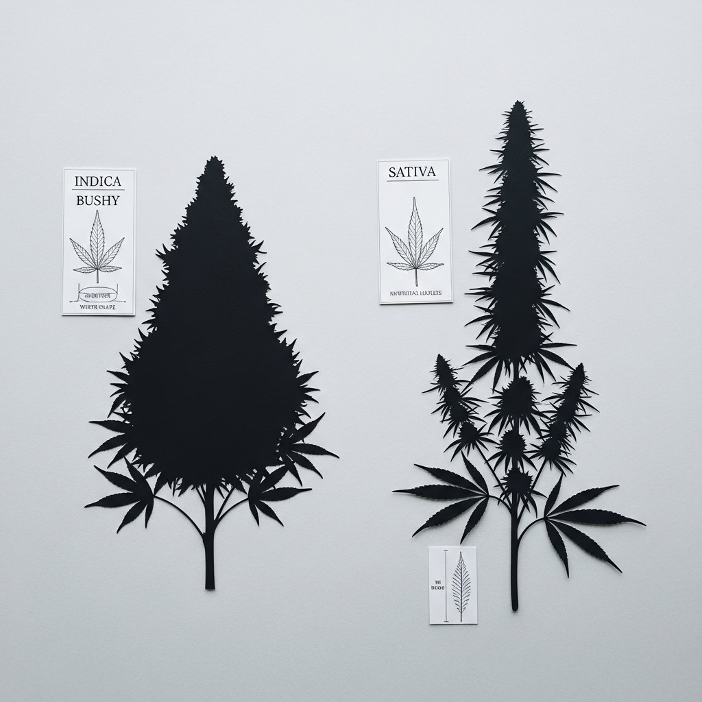 How to Choose a Sleep Cart: Indica vs Hybrid vs CBD 9 Side-by-side comparison of short bushy and tall narrow cannabis plant silhouettes illustrating morphological differences.