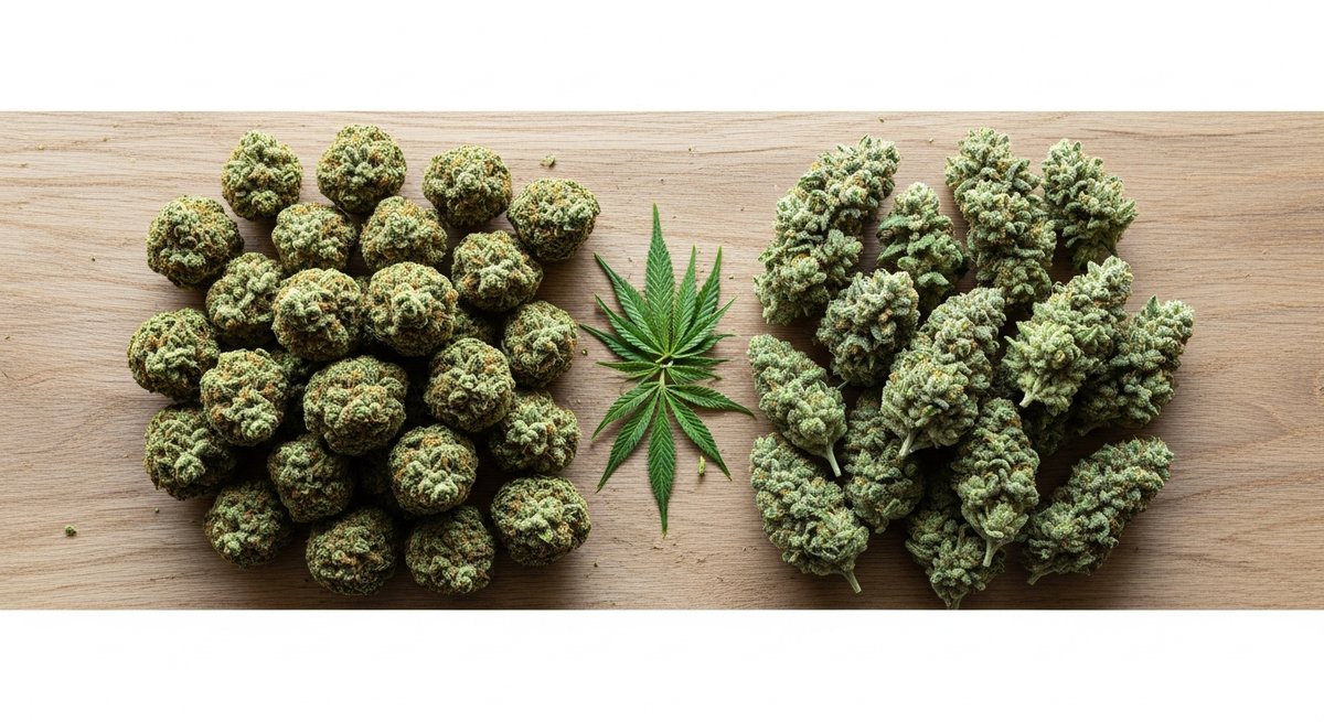 What is an Indica strain? 13 Flat-lay comparison of dense indica-style buds beside looser sativa-style buds on a natural wood surface in soft daylight.