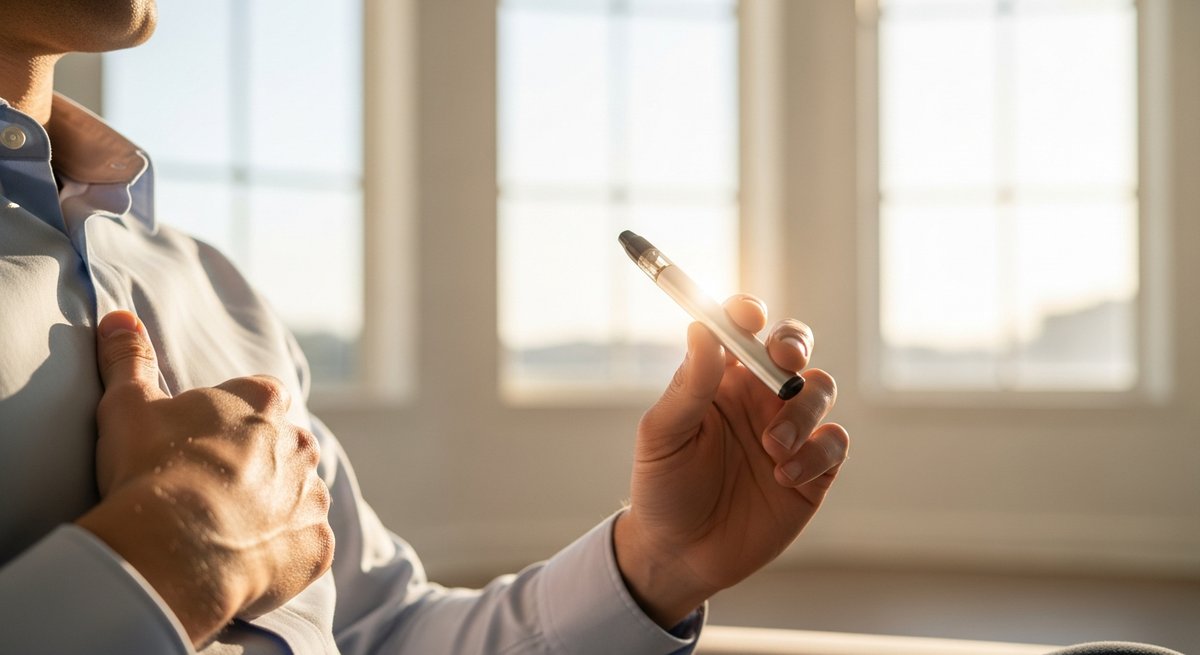 Best Vapes for Anxiety Relief: Calm Strains and Products 15 Adult holding a slim vape pen in a bright, calm living room, illustrating fast-onset inhalation for anxiety.