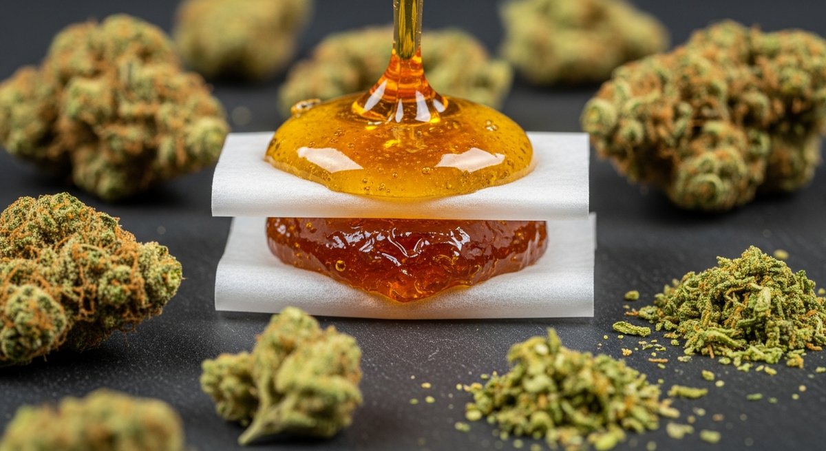 Best Gummies for Inflammation and Joint Pain 15 Golden live rosin cannabis extract on parchment with whole plant flowers on dark slate surface