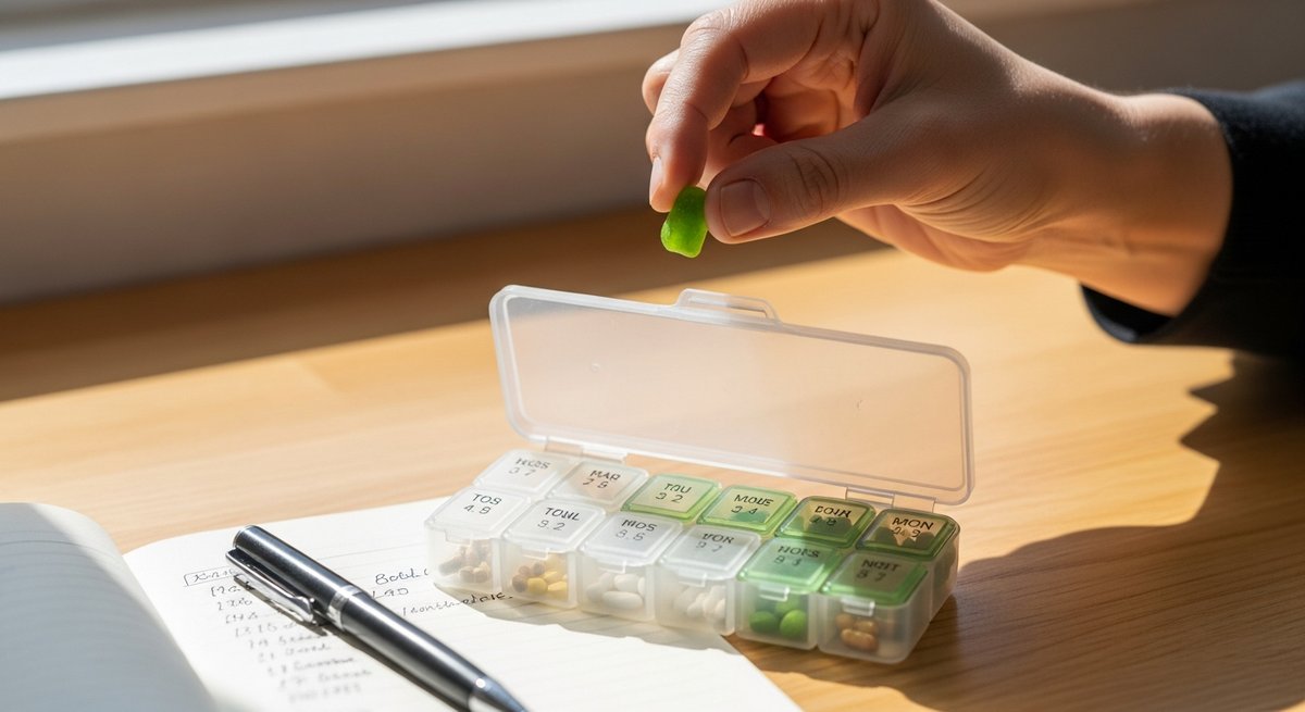 THC Gummies for Chronic Pain: A Guide for Beginners 14 Adult hand holding a small THC gummy above a pill organizer and open notebook suggesting low-and-slow dosing