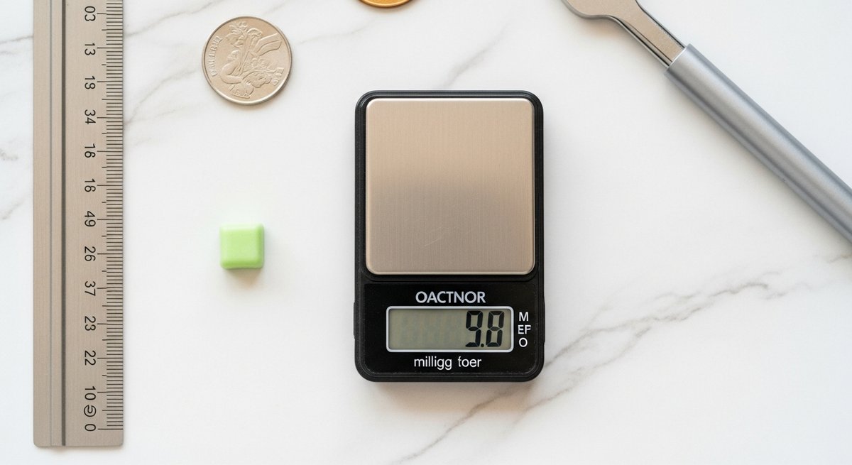 Microdosing Gummies for Productivity: A Beginner's Guide 7 Single small gummy square next to a digital milligram scale on a marble surface, illustrating precise low-dose measurement.