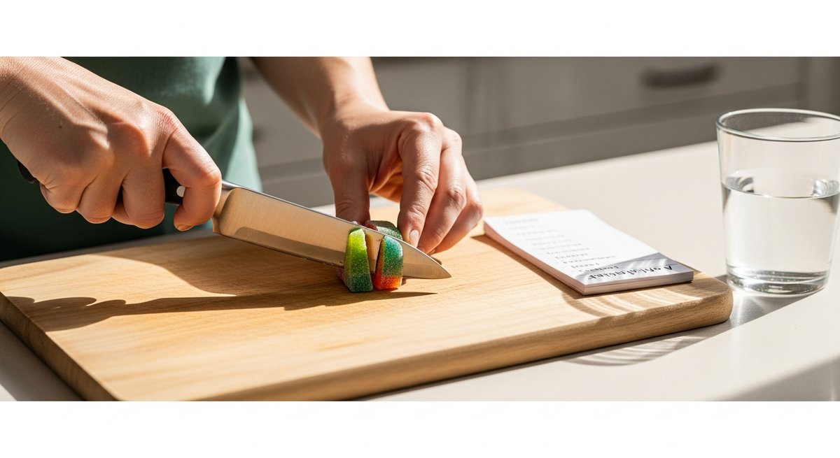 Microdosing Gummies for Productivity: A Beginner's Guide 8 Adult hands cutting a small gummy in half on a wooden cutting board in a bright kitchen, showing careful low-dose preparation